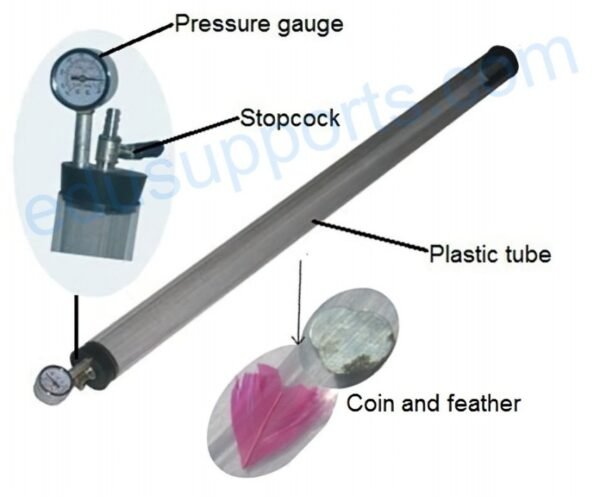 Coin and Feather Apparatus with a Pressure Gauge shows the fact that objects of different masses fall at the same rate in a vacuum